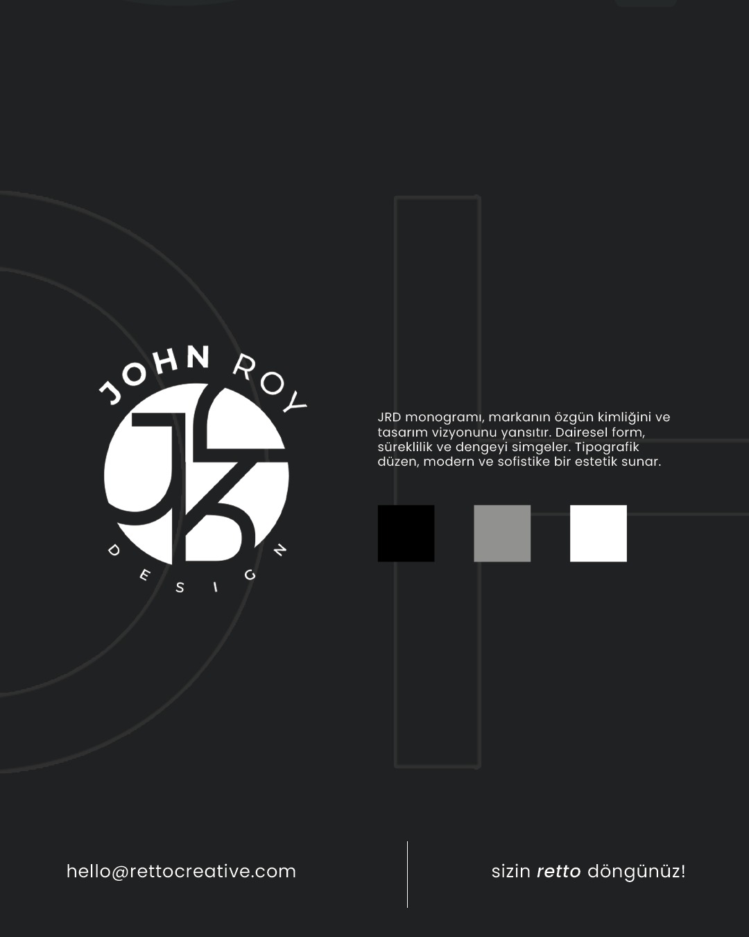 JRD monogramı, markanın özgün kimliğini ve tasarım vizyonunu yansıtır. Dairesel form, süreklilik ve dengeyi simgeler. Tipografik düzen, modern ve sofistike bir estetik sunar. #jrd #monogram #branddesign